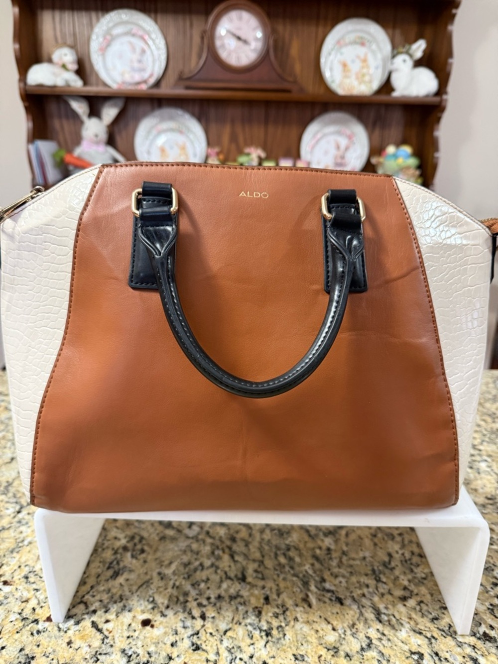 ALDO Brown, White & Black Dome Satchel with 10 x 13 1/2 and 1/2 x 7”